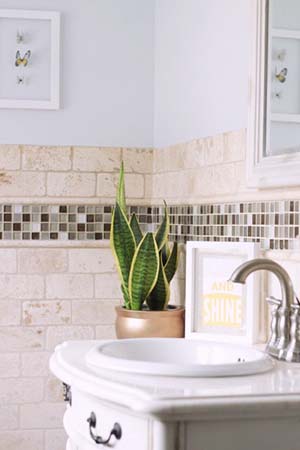 calming bathroom houseplant near sink with tiled stone wall t20 9GxANO